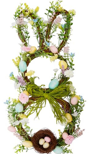 27 Inch Easter Wreath for Front Door Bunny Wreath Cute Easter Door Decorations Gifts Pastel Eggs Spring Flower Home Decor Party Holiday
