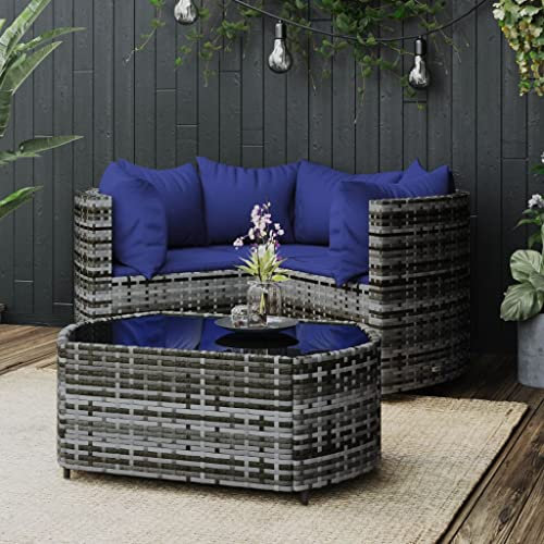 KTHLBRH 4-TLG. Garten-Lounge-Set mit Kissen Grau Poly Rattan Terrassenmöbel-Sets Outdoor-Möbel-Sets Gartenmöbel-Sets Balkonmöbel-Sets für Terrasse, Garten, Balkon