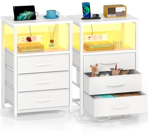 Rolanstar Nachttisch mit LED, Nachtschrank mit 3 Schubladen, Beistelltisch mit Ladefunktion, Platzsparend & Einfach Montiert für Schlafzimmer, Geeignet für Wohnzimmer, Weiß 2pcs
