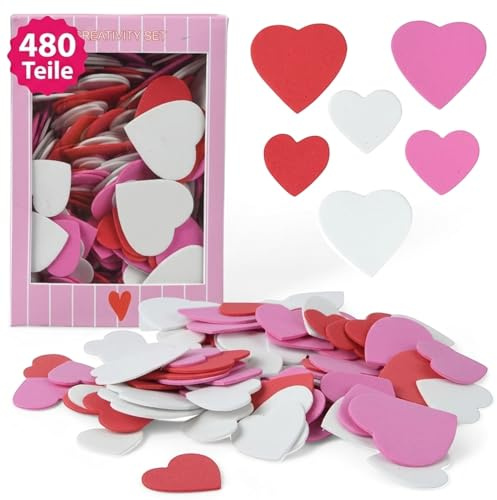 MIJOMA Coriandoli a forma di cuore in gommapiuma, 480 cuori in bianco, rosa e rosso, decorazione da tavolo per matrimoni, compleanni e celebrazioni