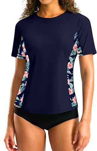 SANTINY Rash Guard for Women UPF 50+ Bathing Suit Sun Protection Short Sleeve Swimsuit Top Quick Dry Swim Shirts for Women (Navy # Floral_XL)
