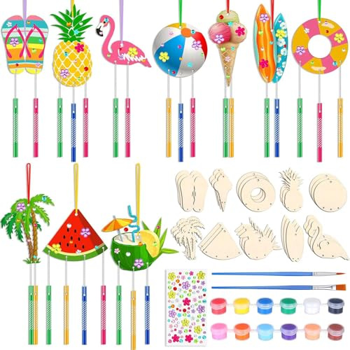 Barlone Windspiel Bastelset Kinder Hawaii, 10 Stück DIY Holz Windspiel Basteln, mit Buntes Polyesterband, Windspiele, Bürste, Acrylfarben, Edelsteinaufkleber für Bastelideen kindergeburtstag Parteien