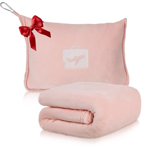 Caffney 2 in 1 Travel Blanket and Pillow, Soft Warm Flannel Airplane Blanket with Storage Bag & Backpack Clip, Compact Foldable Blanket for Long Flights, Train, Car, Office, Camping (Pink)