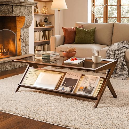 Estiliza Couchtisch Glas, 120 x 56 x 44 cm Coffee Table, Moderner Rechteckiger Kaffeetisch Geeignet für Wohnzimmer, Wohnung und Terrasse, Dunkles Walnuss