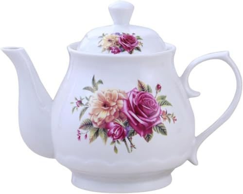 Caffettiera in porcellana resistente Teiera in ceramica, teiera in dipinta a mano, teiera con coperchio, servizio da tè in bianca,White-800ml