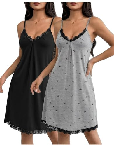 Ekouaer Camicia da Notte Donna Estiva Sexy Spalline Sottili Indumenti da Notte in Pizzo Babydoll Senza Maniche Sottoveste Lingerie S-XXL