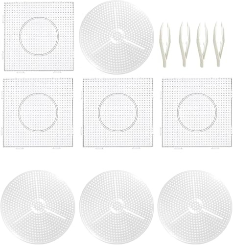 Foonary 8 pezzi di perline trasparenti 5 mm – 4 quadrati e 4 modelli rotondi, 4 pinzette in plastica, perline da stirare, stencil trasparenti, piastre trasparenti per bambini e adulti