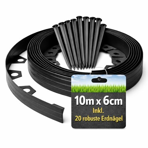 BigDean Flexible Rasenkante 10 m x 6 cm Komplettset inklusive 20 Erdnägel | flexibel & langlebige Beeteinfassung mit optimaler Höhe ideal für Kieswege Rollrasen Rindenmulch Beete und Rasenkanten
