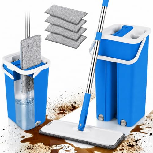 Mopa fregona con Cubo escurridor Que Incluye 4 recambios de Microfibra | Mopa de Limpieza Suelos de 33cm Reutilizable, escurrido fácil, Ideal para Limpiar el hogar de Forma rápida y cómoda (Azul)