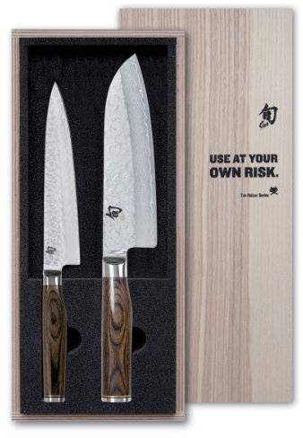 KAI Shun Premier Tim Mälzer japanisches Küchenmesser 2er Set - Santoku 18 cm Klingenlänge + Allzweckmesser 16,5 cm Klingenlänge - Damastmesser 32 Lagen VG MAX Kern - 61 (±1) HRC - Pakkaholzgriff