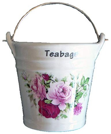 Pink Rose Design Bucket Teabag Tidy, Porcelain Bucket Teabag Tidy (Large)