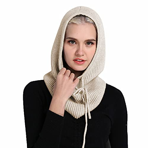 Facecozy Winter Hats for Women, Wool Blend Hooded Scarf Hat for Women Balaclava Knit Skull Cap Beanie Hat Men Neck Gaiters Light Beige