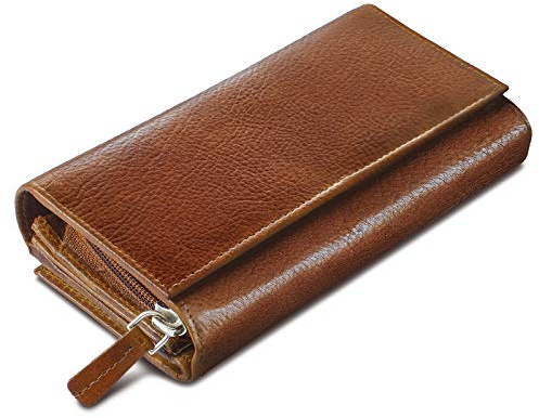 ROYALZ 'Orelia' Vintage Leder Geldbörse für Damen Portemonnaie groß mit vielen Fächern RFID-Blocker Brieftasche Querformat, Farbe:Texas Braun