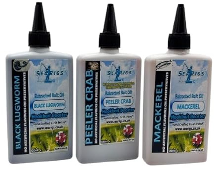 searigs Sea Fishing Extracted Bait Oils - 3 x 120ml Sample Pack Black Lugworm - Peeler Crab - Mackerel - Free Pulley Pennel Rig