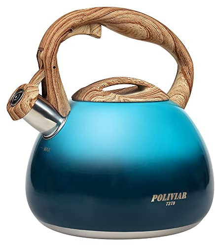 Poliviar JX2018-DB20-DE - Hervidor de agua inducción con silbato acero inoxidable, para todas las placas cocina, mango madera, hervidor té, café, aprox. 3 l, color azul oscuro