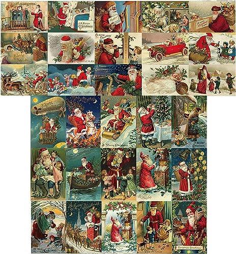 Carte de Voeux Noel,30 Pièces Cartes Vœux pour Noël,Motif Père Noël,Rétro Cadeaux Artisanaux de Noël,Carte Cadeau de Noël