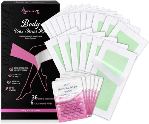Beauty7 Cold Body Wax Strips 36pcs Gentle Hair Removal for Body Legs Underarm Sensitive Skin, Wax Strips with 6pcs Cleaner Oil Wipes
