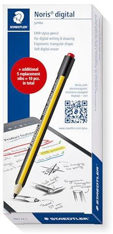 STAEDTLER Noris Digital Jumbo 180J 22 EMR Stylus Set, 1 Stylus with Digital Eraser, for Digital Writing, Drawing and Erasing on EMR Touch Screens + 5 Additional Replacement Tips, 180J 22-1X