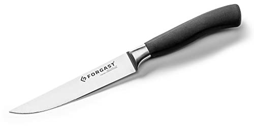 Forgast Coltello da Bistecca Forgiato, Lama da 11,5 cm, Nero, Lama Seghettata, Coltello per Carne Barbecue Pomodori, Acciaio di Alta Qualità e Resistenza, Impugnatura Liscia e Aderente