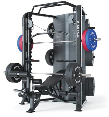 ATLETICA DarkStar | Multipresse Premium Smith Maschine Multipresse | integrierte Führungsrollen | Geringe Tiefe | 180 kg Steckgewichte | Longbar und Jammer Arms