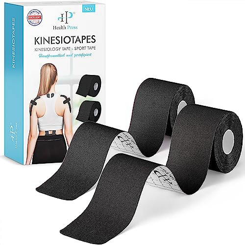 Health Press Kinesiotapes – 2 Rollen Kinesiologie Tape Sport Schwarz + Schwarz (5cm x 5m) – Kinesiotape – Profi Physio Tape und Sporttape – Hautfreundliche Tapes DERMATEST: SEHR GUT