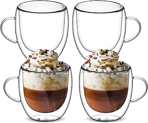Set di 4 tazze da caffè in vetro resistente al calore con manico, tazze in vetro trasparente per latte, cappuccino, tè, succhi di frutta, bevande calde/fredde (250 ml)