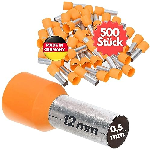 Kalitec 500x Puntalini Isolati 0,5 mm² - Terminali AWG 20 Arancione 12 mm | Manicotti in rame stagnato per cavi elettrici. Qualità industriale Made in Germany con certificazione UL per crimpatura.