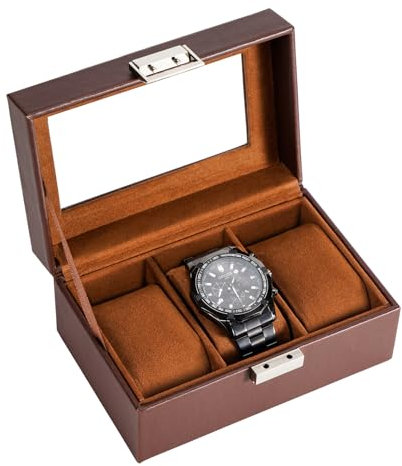 ProCase Uhrenbox mit 3 Fächern, Uhrenkasten mit Glasdeckel, Uhrenkoffer mit Uhrenkissen, Uhrenaufbewahrung, Premium-Uhrenschatulle, PU-Leder Uhrenkasten, Watch Box für Herren - 3 Fächer, Braun