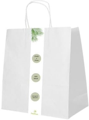 DeinPack 300 x Papiertüten 27 x 32 x 17 cm weiß Umweltschonende Papier Tragetaschen groß I Papiertüten Geschenktüten Papiertragetaschen biologisch abbaubar, kompostierbar