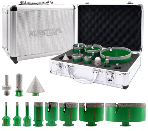 KURSTOL Set Diamantato 11 Pezzi per Gres Porcellanato - 6/8/10/25/35/50/68/110mm Punte Trapano, 20mm Fresa, 50mm Smusso, Adattatore per Porcellana Piastrelle Ceramica Marmo Granito