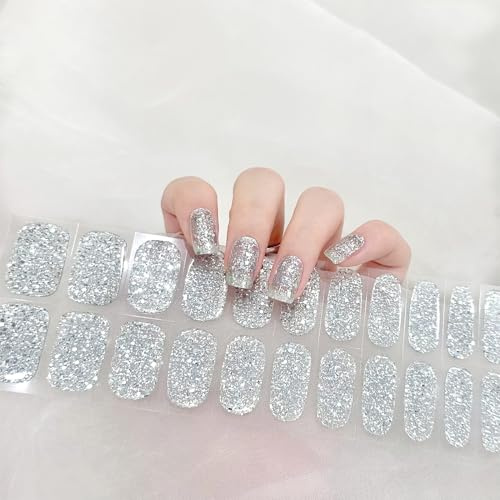 Boloshine Halbgehärtete UV Gel Nagelfolien, 22Pcs Glänzend Nagelfolie Selbstklebend, Salonqualität Full Wraps Nail Sticker, Gellack Wraps für Finger & Fußnägel (Funkelndes Geheimnisvolles Silber)