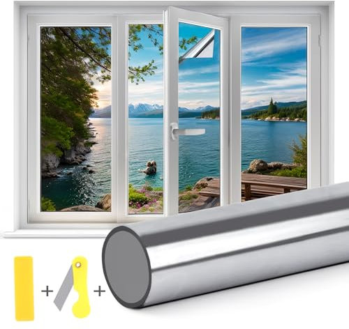 Spiegelfolie Fenster Sichtschutz - 60 × 200 cm UV-Schutz Sonnenschutzfolie Fenster innen, selbstklebend Fensterfolie ohne Rückstände Thermofolie mit Werkzeug