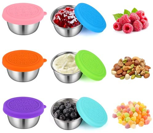 VFANDV Lot de 6 récipients à vinaigrette - 50 ml - En acier inoxydable - Avec couvercle en silicone - Pour sauce, salade, épices, confiture