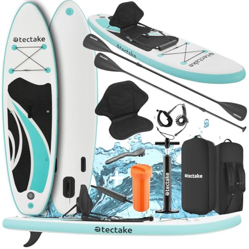 tectake® Stand Up Paddle Board, SUP aufblasbar, Standup, SUB mit Pumpe, Kajak Boot Sitz, Finnen, Rucksack, Doppelpaddel, Paddel, für Wassersport und Paddling, bis 200 kg belastbar - weiß/türkis