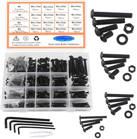 HVDHYY Nut and Bolt Set M3 M4 M5 M6 Black Button Head Machine Screws & Nuts & Washers Assortment kit Hex Socket With a Reusable Storage Box 4 Hex Wrenches 500pcs