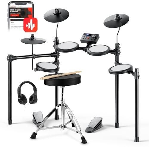 Donner DED-70 E Schlagzeug Elektronisch für Kinder, Electric Drum Set für Anfänger mit 150 Sounds 4 Quiet Mesh Pads 9 Becken Thron Kopfhörer Sticks 2 Pedale Weihnachten Geburtstag Geschenk für Kids