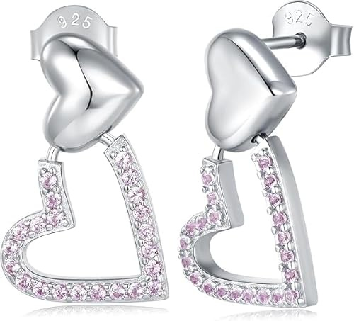 Lovans damer hjärta örhängen silver 925 med ljusrosa zirkonia dubbla hjärta örhängen, personliga örhängen plugg smycken för kvinnor flickvän dotter, med smyckeskrin, Normalität, Sterlingsilver, Zirkon