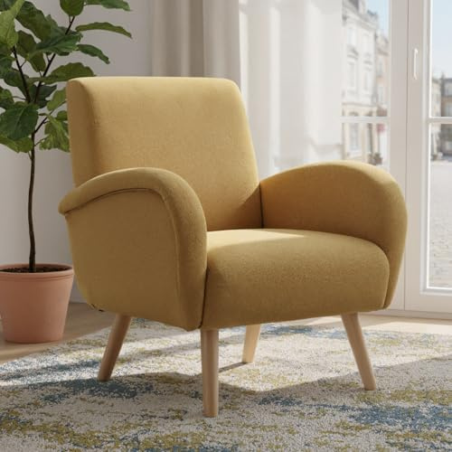Ya-Home Modern Tub Chair Chenille Fabric Leisure Armchair with Wooden Legs, Upholstered Occasional Accent Chair for Living Room/Bedroom, Yellow