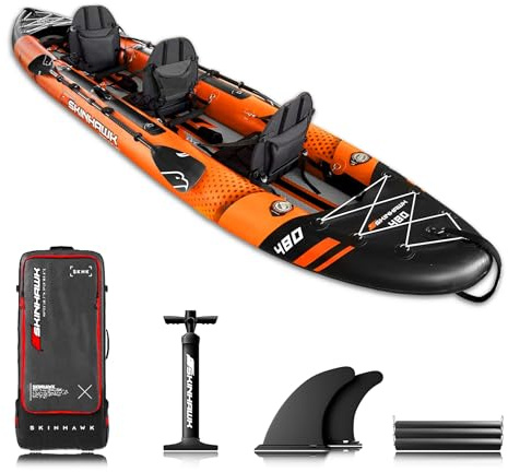 SKINHAWK Exclusiv Orange Kayak Set 480 – Barco inflable – Canoa – 480 x 96 cm – Kayak para 3 personas