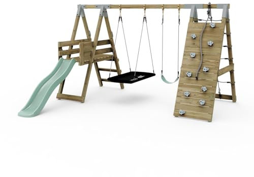 PolarPlay Premium Double Swing Set with Climbing Wall and Slide - Mint Green with Boat Seat | Climbing Wall | Stable Construction | Premium Welded Brackets & Pressure Treated Timber |