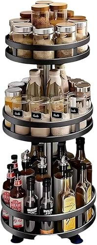 AR 3-Tier Rotating Spice Rack Organiser, 360° Turntable Storage Shelf, 25x25x59cm, Black Metal Kitchen Counter Organiser