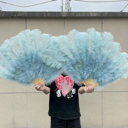Grand éventail en plumes d'autruche naturelles blanches 13 os 90/130 cm, pliable, accessoire de scène pour carnaval, décoration, bleu clair, 100 cm, 1 pièce