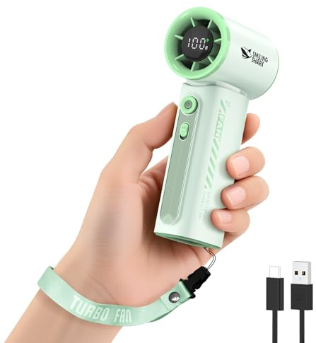 Smiling Shark TF-02 Tragbarer Turbo Handventilator, 1-100 Stufen Einstellbare Tragbarer Mini Handventilator [12Hrs Max] mit LED Anzeige/Lanyard/Basis, 2-in-1 Hand/Tischventilator für Outdoor Indoor
