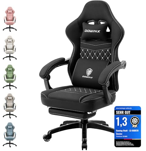 Dowinx Gaming Stuhl Stoff Bürostuhl mit Taschenfederkissen, Verstellbarer Gamer Stuhl mit Kopfstütze, Ergonomische Racing Gaming Sessel mit Fußstütze (Schwarz)