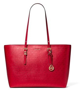 Michael Kors Quinn Large Tote, Gold-Tone Hardware/Foil Printed MK Signature Smooth Nappa Leather/Crimson