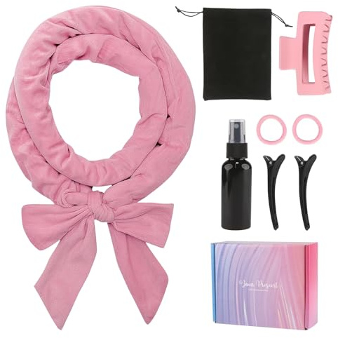 Heatless Curling Set, 8 PCS Hair Curler Heatless Curl Set for Long and Short hair, Soft Velour Heatless Hair Curler, Overnight Curls Includes clip, Headband, Spray Bottle and Hair Clip, Pink