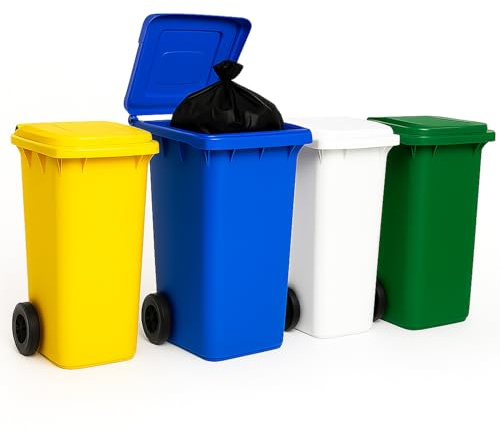 PALUPLUS Set 4 Bidoni Porta Rifiuti da 120 Litri, Misura 48x55x93 cm, Pattumiera con Coperchio e Ruote, Secchio da Esterno per Raccolta Differenziata, Colori Blu, Giallo, Verde e Bianco -120F -44