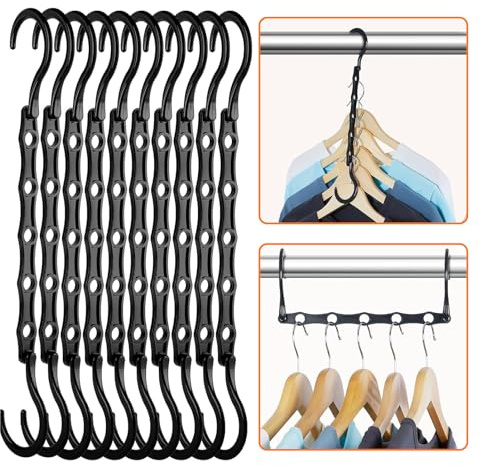 10 Piezas Perchas Ropa Ahorra Espacio con 5 Agujeros, Percha Mágicas Multiple de Plástico Negro, Colgador Almacenamiento Armario Resistente, Organizador de Ropa para Casas y Dormitorio Universitario