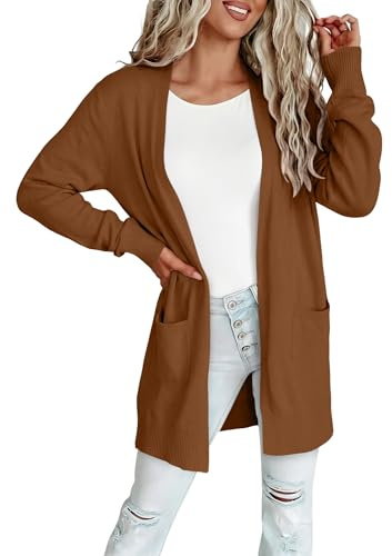 Caramel Womens Long Sleeve Shrug Lightweight Open Cardigan Sweater with Pockets Layering Top