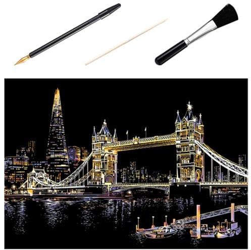 UKCOCO Kit para Rascar Imagen Ciudad Nocturna 4 Piezas Puente de Londres, Incluye 3 Herramientas (palo de Bambú, Bolígrafo Dorado, Pincel Negro), Papeles para Dibujar y Pintar, Adecuado